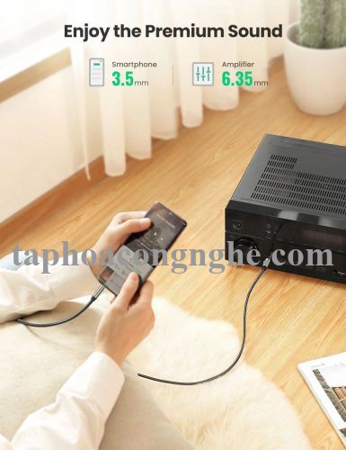 Ugreen 10630 5M màu xám đen cáp 3.5mm TRS ra 6.35mm TS Stereo Pro Audio mạ vàng 24K AV127 30010630